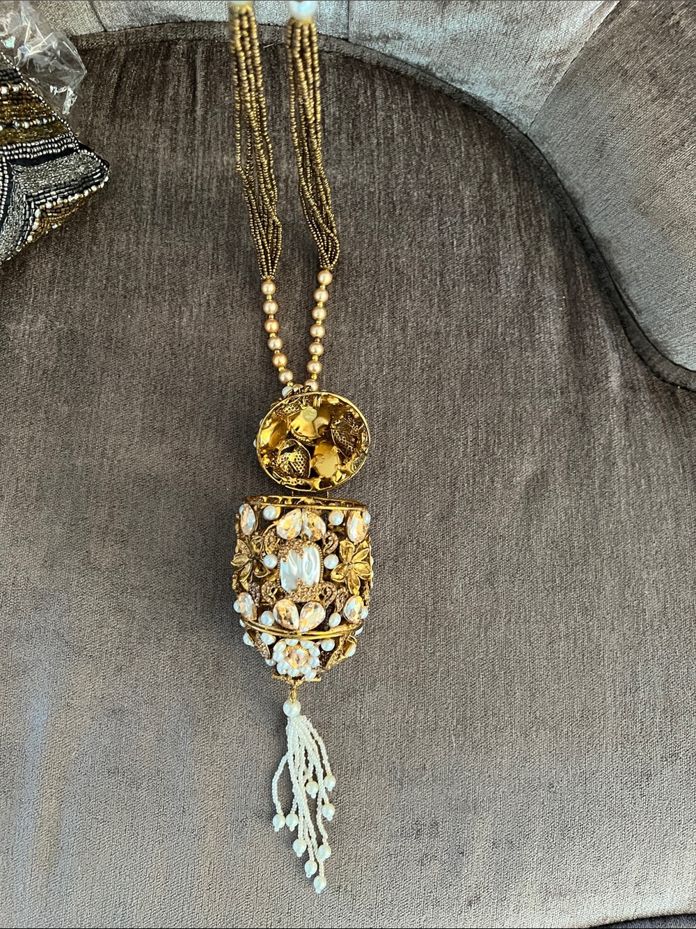 Gold and Cream Ornate Formal Clutch with Beaded Tassel and Handle